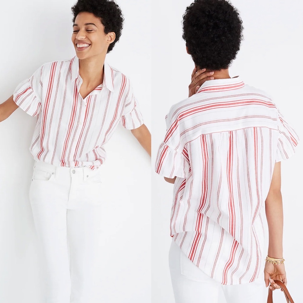 Madewell Central Ruffle-Sleeve Shirt in Carey Stripe size Medium